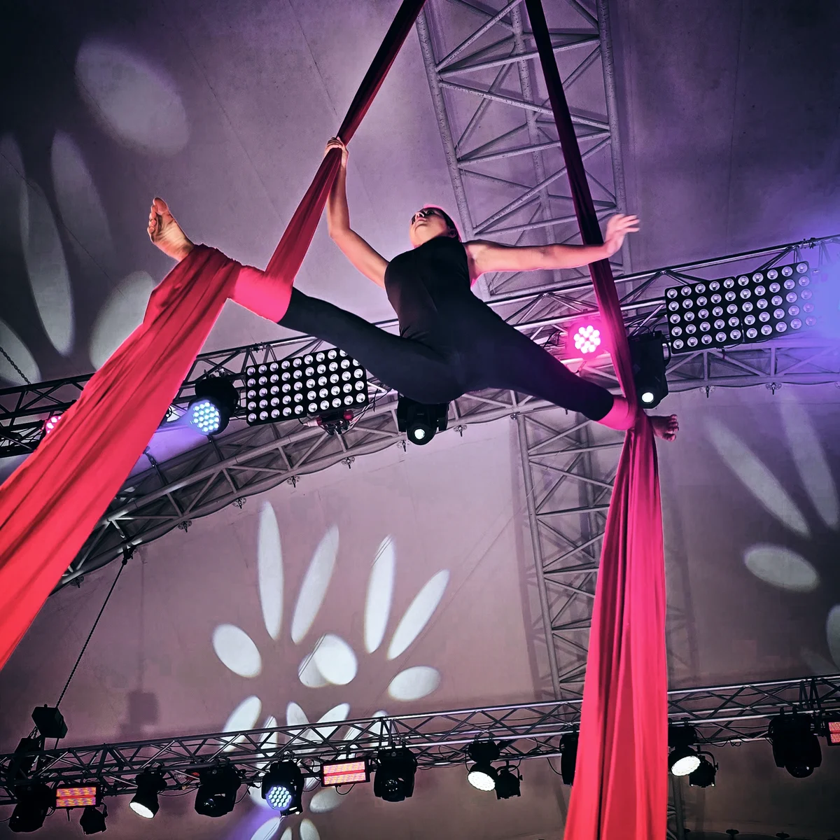 Aerial silks performance above a gala audience